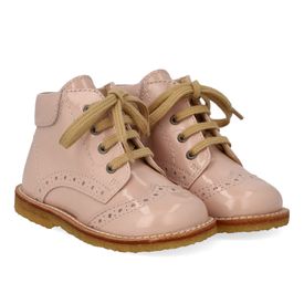 Angulus fyrstu skór úr leðurlakki reimaðir m saum Dusty Almond bleikir glans