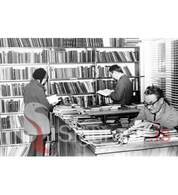 Við lestur á bókasafninu.